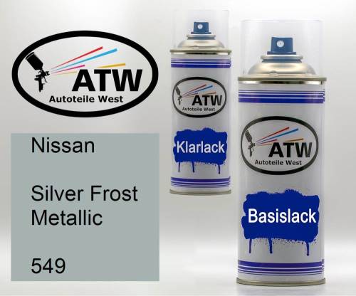 Nissan, Silver Frost Metallic, 549: 400ml Sprühdose + 400ml Klarlack - Set, von ATW Autoteile West.